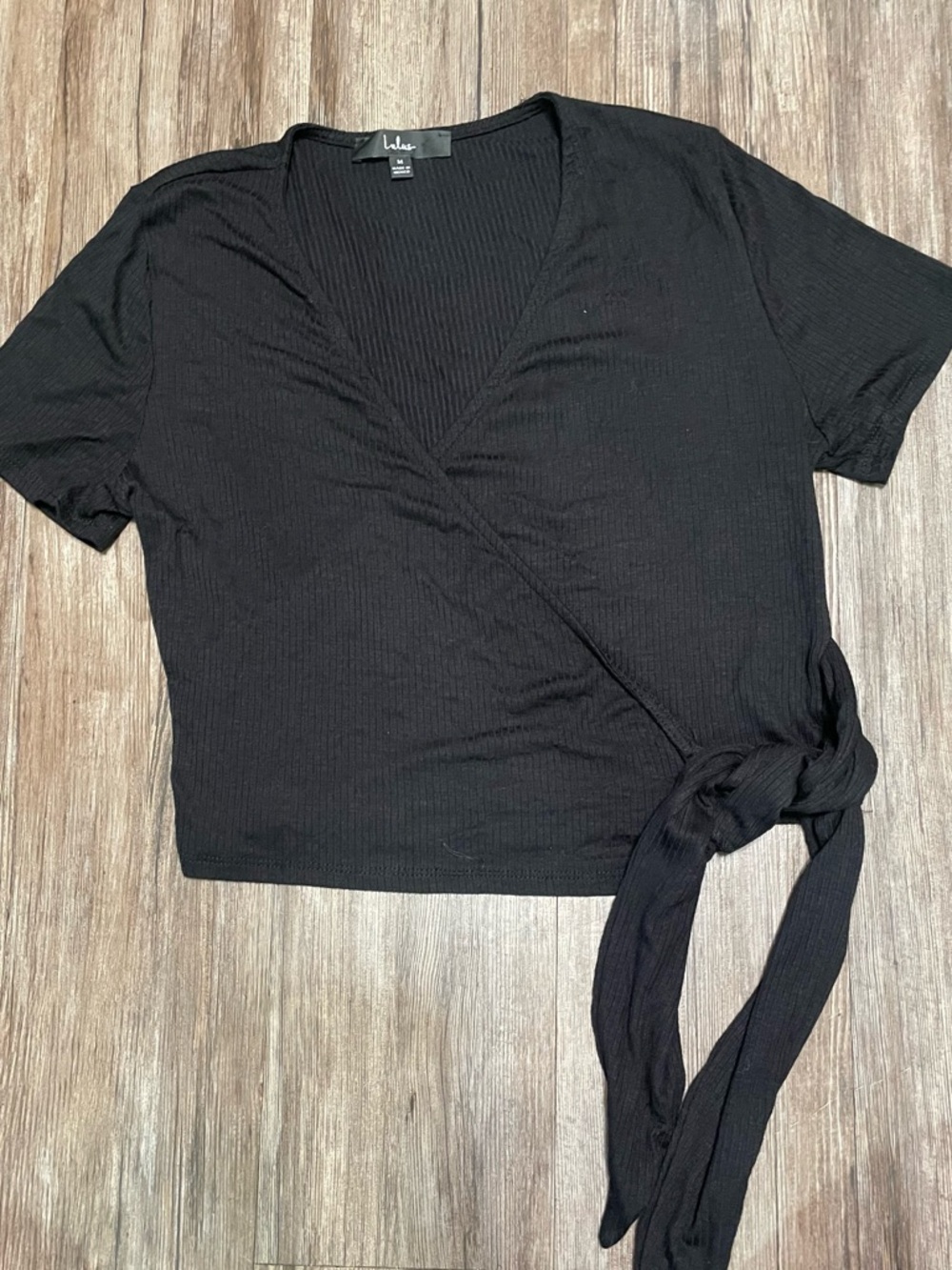 Lulu's Black Ribbed Short Sleeve Wrap Tie Crop Top